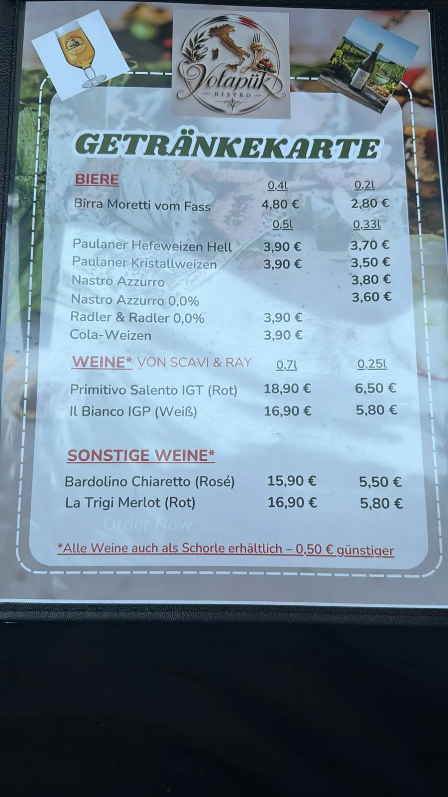 Originalkarte mit Bier und Wein