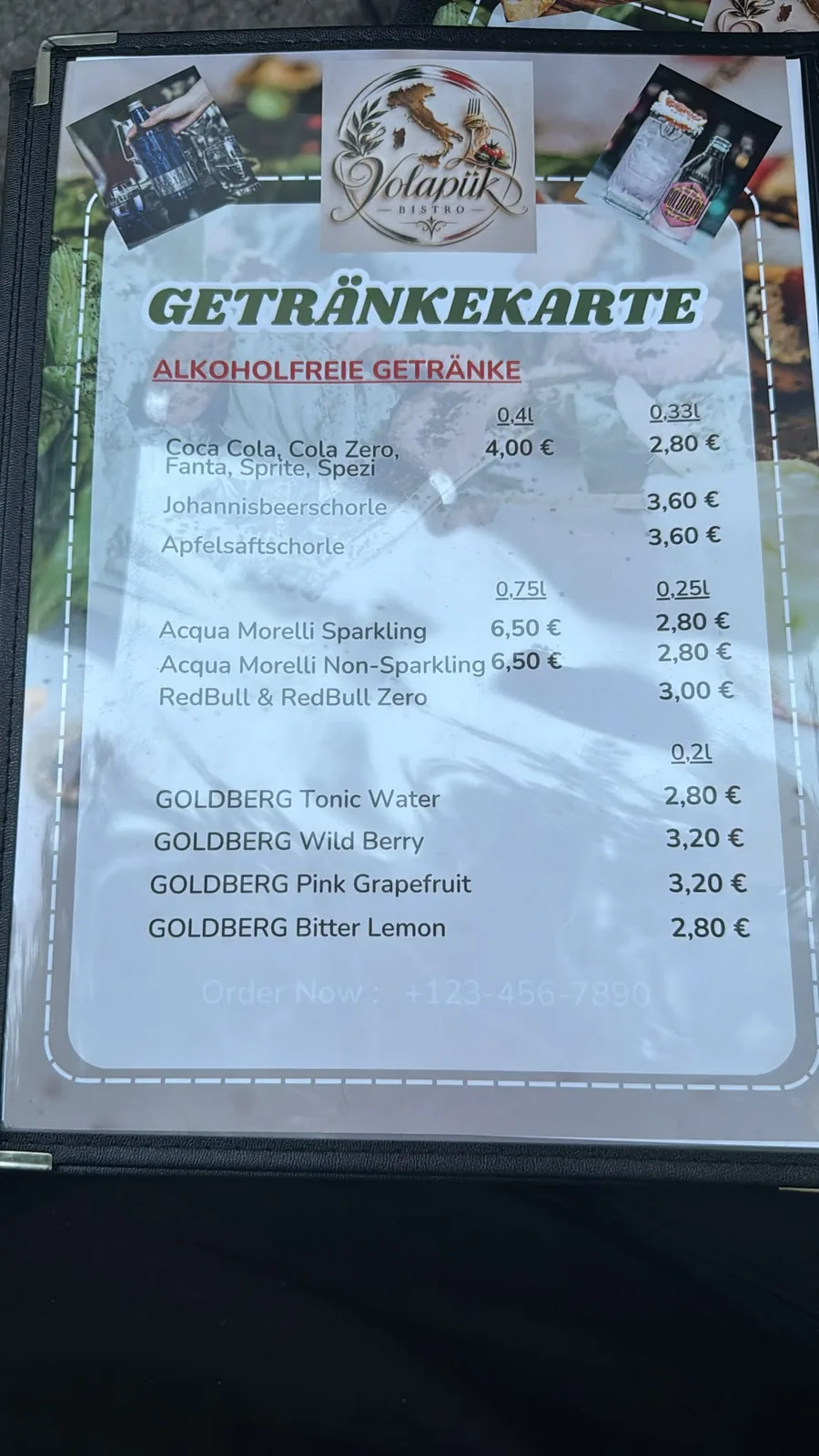 Originalkarte mit alkoholfreien Getränken