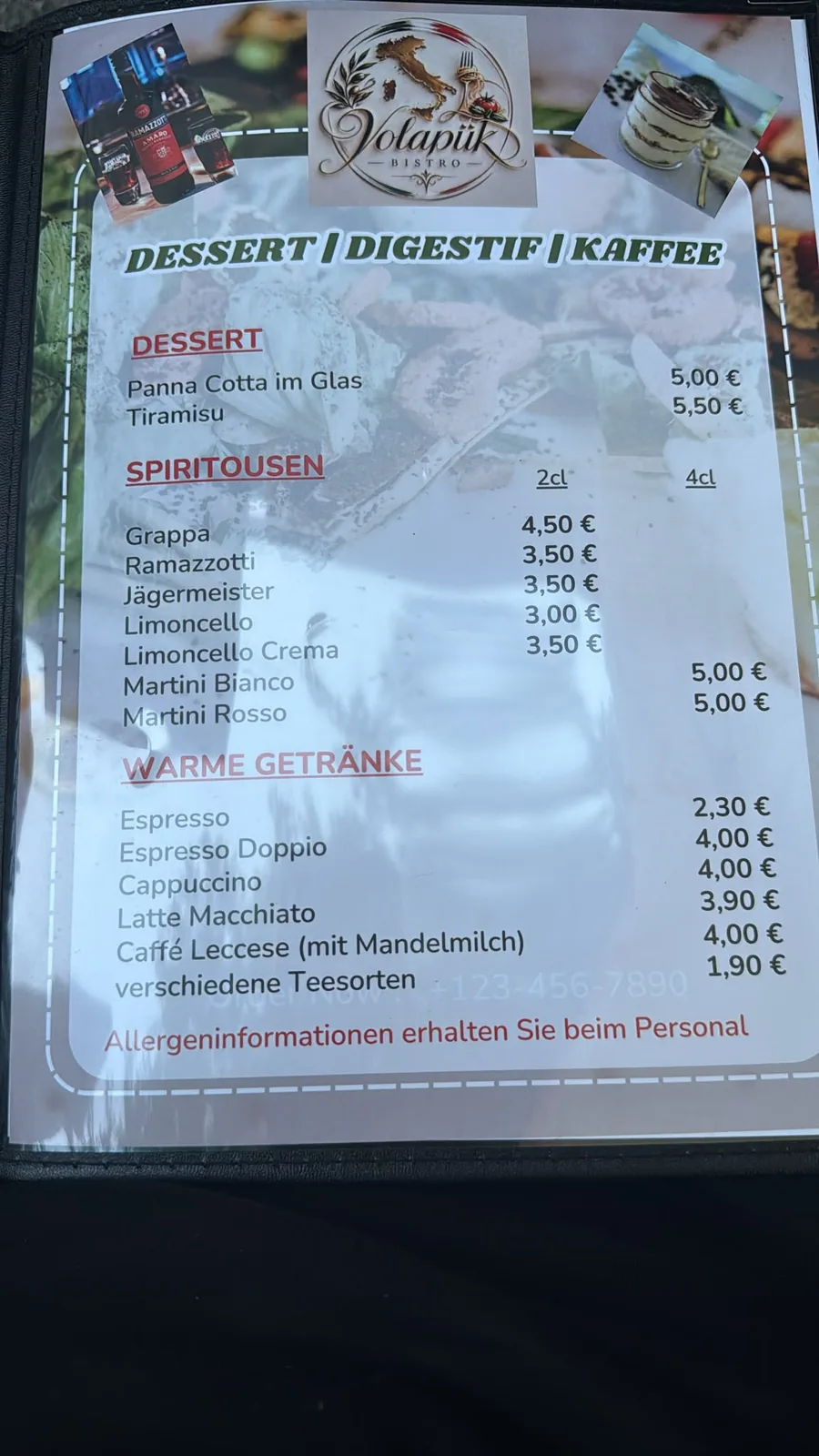 Originalkarte mit Desserts, Spirituosen und Kaffee
