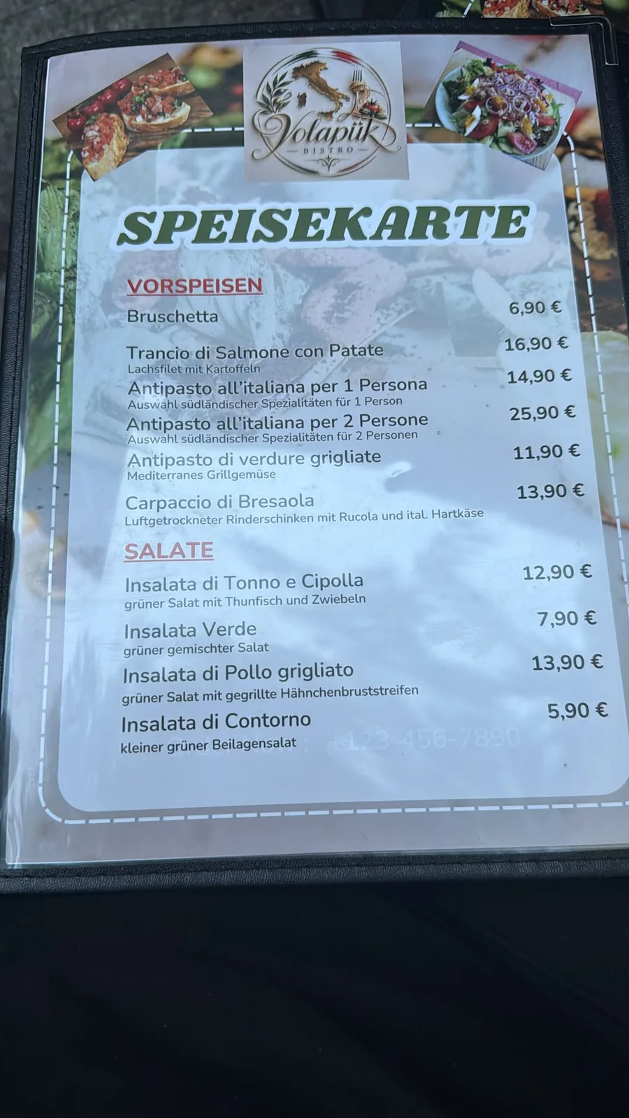 Originalkarte mit Vorspeisen und Salaten